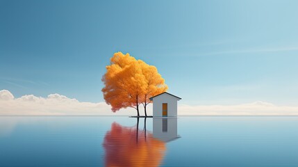 minimal style background, small cabin house distributed  surround with water, peaceful tranquil, Generative Ai