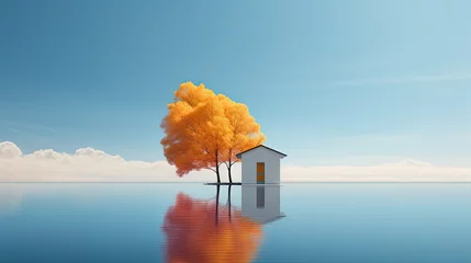 Fototapete Reflection minimal style background, small cabin house distributed  surround with water, peaceful tranquil, Generative Ai
