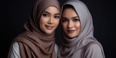 Two Muslim Asian Women In Hijab Headscarf Embracing Posing Smiling To Camera Standing Together In Studio On Black Background. Modern Islamic Ladies Portrait, generative ai