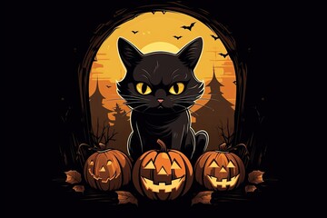 Halloween black cat sits in the moonlight with a pumpkin