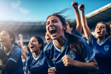 A group of girls - a female football sports team in blue uniform cheering because of victory in a game after making a goal at the stadium or a soccer field - Powered by Adobe