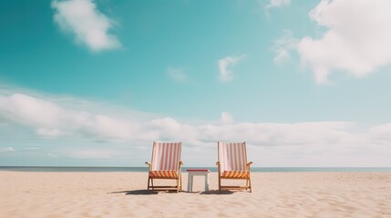 two beach bench, minimalism style background with copy space, Generative Ai