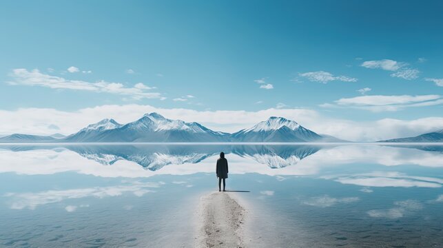a man standing at lake shore with snow mountain as background, minimalism style background with copy space, Generative Ai