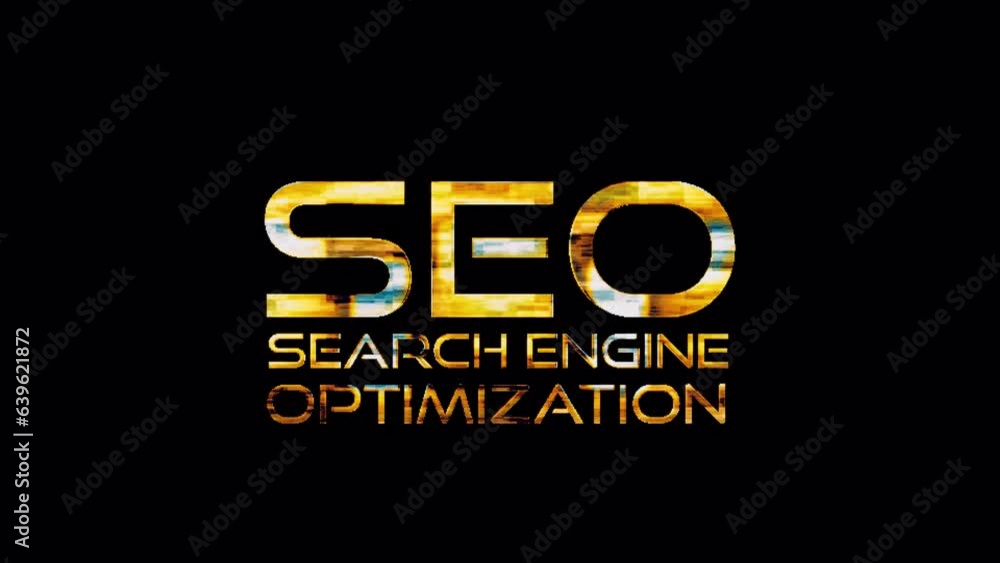 Poster seo search engine optimization gold text shine light animation glitch effect on black abstract backg