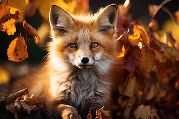 Red fox standing on the autumn leaves