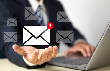 email marketing concept, Businessman sending many e-mails or digital newsletter to customers with...
