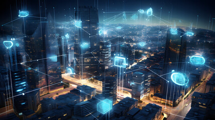 A smart cityscape with interconnected IoT devices and AI - driven systems, creating a seamless and sustainable urban environment