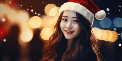 Beautiful Asian female wear santa hat on bokeh background. Girl walking in Christmas market decorated with holiday lights in the evening, generative ai