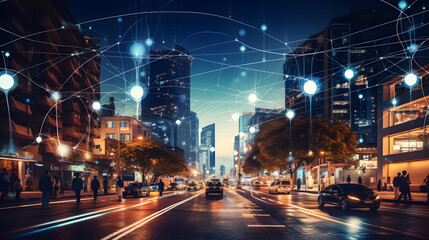 A smart cityscape with interconnected IoT devices and AI&nbsp;-&nbsp;driven systems,&nbsp;creating a seamless and sustainable urban environment