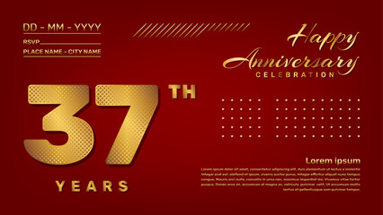 Vector template with golden pattern number style isolated on red background, modern and luxury template design for 37th anniversary celebration event