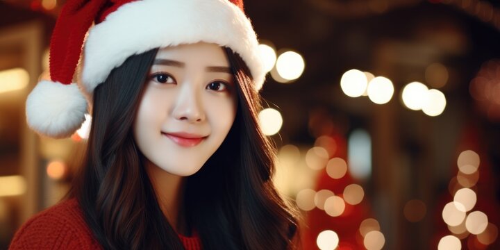 Beautiful Asian woman wear santa hat on bokeh background. Girl walking in Christmas market decorated with holiday lights in the evening, generative ai