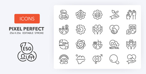 Environmental Social Governance thin line icon set. Outline symbol collection. Editable vector stroke. 256x256 Pixel Perfect scalable to 128px, 64px...