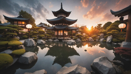 Grafika 8k. Magiczny ogród zawierający staw, świątynie i wspaniałą roślinność. Park w stylistyce azjatyckiej - szczególnie japońskiej.