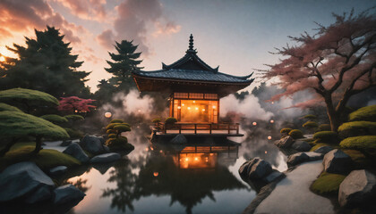Grafika 8k. Magiczny ogród zawierający staw, świątynie i wspaniałą roślinność. Park w stylistyce azjatyckiej - szczególnie japońskiej. - obrazy, fototapety, plakaty