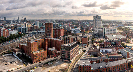 Fototapeta na wymiar Aerial panorama of Leeds cityscape skyline at sunrise