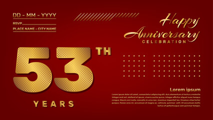 Vector template with golden pattern number style isolated on red background, modern and luxury template design for 53th anniversary celebration event