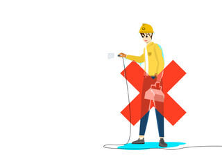 electrician man wet body Using his hand to plug in the power socket with a red cross that conveys what is forbidden to do. Do not plug in the power while the body is wet. Vector illustration cartoon © Яe Life Яe World