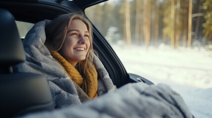 Raise see of adolescent young lady in car over blanketed timberland on winter roadtrip to the nordic way - obrazy, fototapety, plakaty