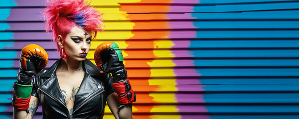 Young woman wearing punk clothes, tattoos, with boxing gloves. Crazy rather angry expression, she's ready for fight. Wide banner, copy space on side. Generative AI - Powered by Adobe