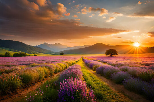 Beautiful field meadow flowers in morning against sky. Wide format, copy space