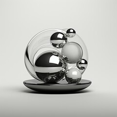 3D render of monochrome black and white abstract art surreal object based on meta balls spheres in liquid and silver metal material in transition deformation process on grey background. Generative AI