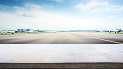 empty table white top with blur background of air port, Advertisement, Print media, Illustration, Banner, for website, copy space, for word, template, presentation.