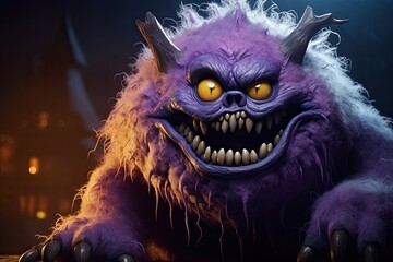 scary halloween purple monster with yellow eyes and horns