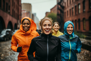 Fototapeta premium Group of women, three people, Muslim woman middle-aged looking at camera, in hijab, running, at New York city, autumn day,