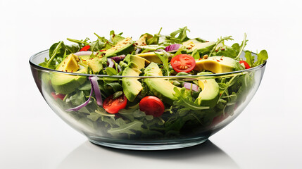 Salmon and avocado salad isolated on white background. Generative Ai