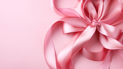 Flat lay eight of pink ribbon with a beautiful tulip and gifts on a pink background. Generative Ai