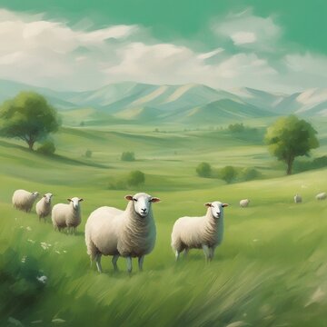 The Majestic Beauty of a Serene Landscape: A Detailed Painting of a Sheep Gracefully Standing in a Lush Green Field
