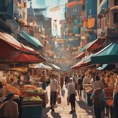 Obraz premium A Vibrant Scene of People Engrossed in Shopping and Socializing at a Bustling Market Full of Colorful Goods and Tempting Aromas