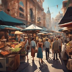 A Vibrant Scene of People Engrossed in Shopping and Socializing at a Bustling Market Full of Colorful Goods and Tempting Aromas