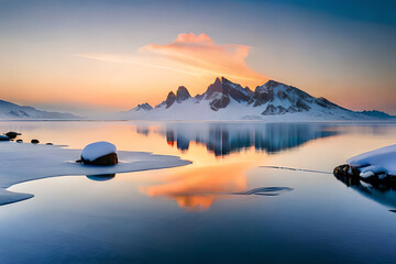 Winter panoramic landscape with scenic frozen mountain lake and clear blue sky. Alps concept photography
