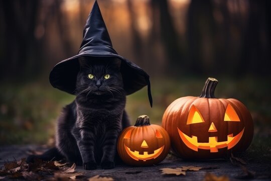 A black cat in a Halloween hat outside in forest with pumpkins.