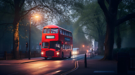 Iconic Journey: Red Double-Decker Bus in Urban Landscape