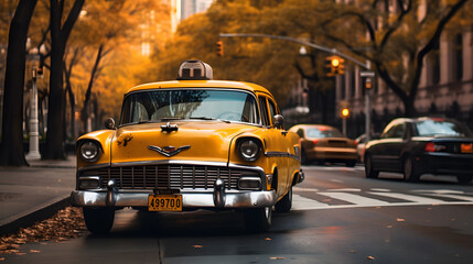 Fototapeta na wymiar Urban Glow: Iconic Yellow Taxi Amidst City Lights