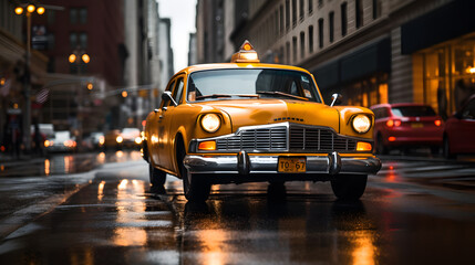 Urban Glow: Iconic Yellow Taxi Amidst City Lights
