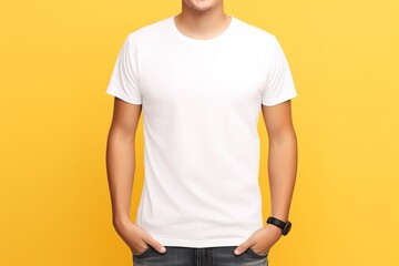 Weißes T-Shirt Mockup auf gelben Hintergrund.  - obrazy, fototapety, plakaty