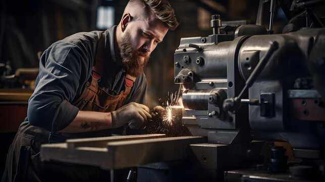 Crafting Precision: Worker Operating Lathe Machine