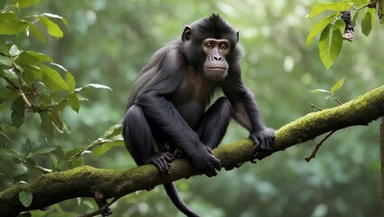 A black monkey sitting on the branch of tree