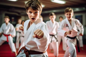 Zelfklevend Fotobehang Karate, taekwondo child. Sport, movement, childhood concept. © Oleksandr Kozak