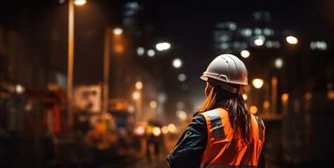 Breiter Banner zeigt Arbeiter mit Helm auf der Baustelle. Bauleiter in Berufskleidung bei Nacht bei der Arbeit.  