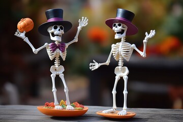 toy skeletons in hats outside in halloween