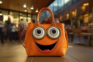 Lustige Comic Handtasche. Orange Tasche mit Cartoon Gesicht und großen Augen.