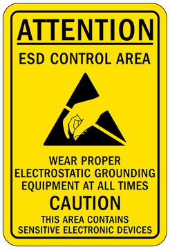 Electrostatic warning sign and label ESD control area. Wear proper electrostatic grounding equipment