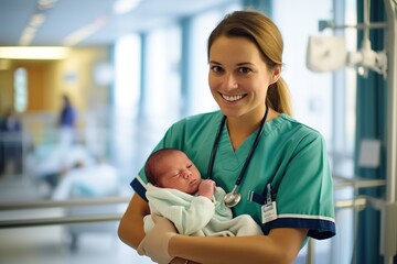 krankenschwester oder ärztin mit einem neugeborenen kind. baby im arm nach der geburt im...