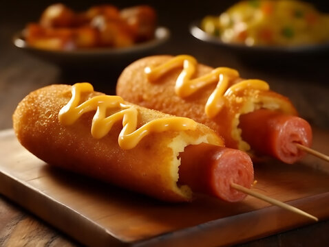 Korean Corn Dogs with Batter and Fried Potatoes. AI Generative