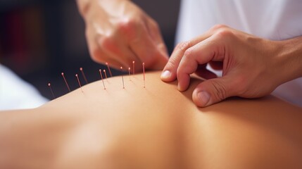 Akupunktur beim Heilpraktiker - feine Nadeln stimulieren die Akupunkturpunkte auf der Haut.  - obrazy, fototapety, plakaty