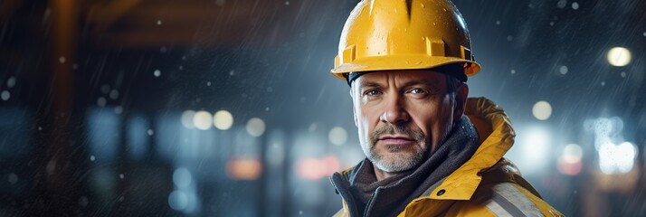 Breiter Banner zeigt Arbeiter mit gelben Helm und Regenjacke auf der Baustelle. Bauleiter in Berufskleidung bei Nacht bei der Arbeit.  Platz für Text. - obrazy, fototapety, plakaty